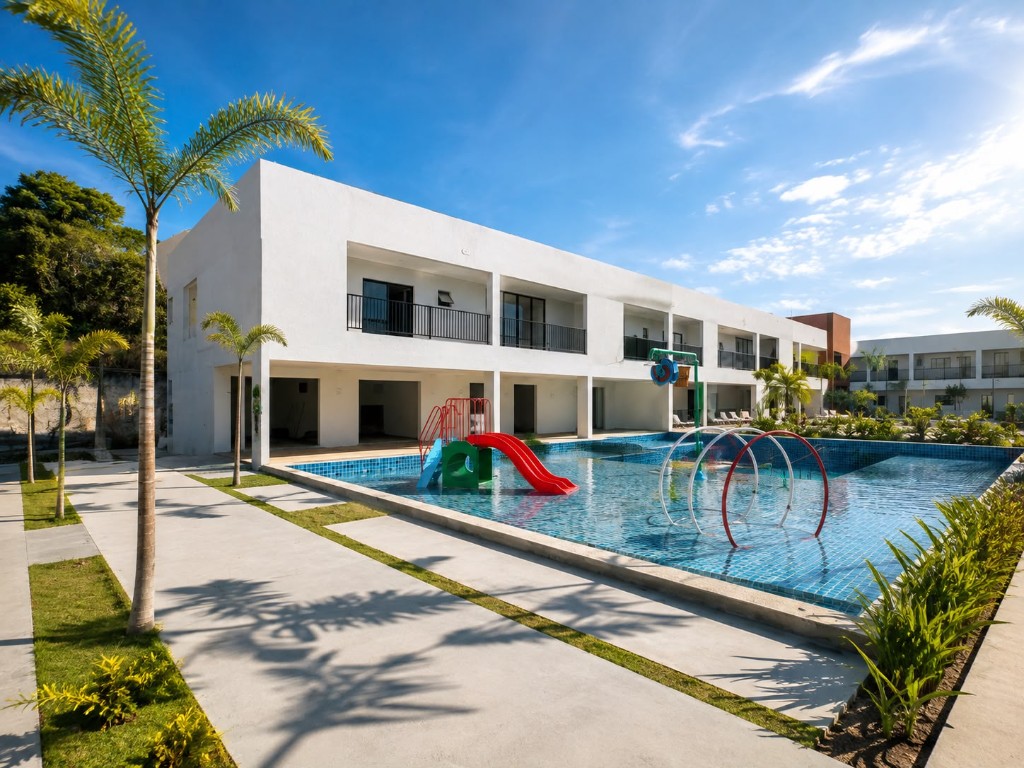 Fachada e piscina do clube